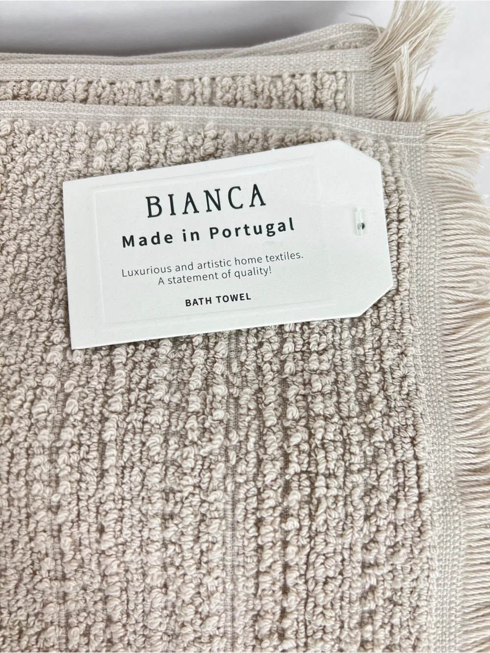 Bianca Bath Towel Set Tan with Fringe Textured Cotton Made in Portugal 2 Pc NEW